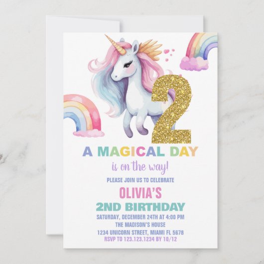 2e Rainbow Unicorn Verjaardag Uitnodigingen Glitte (Voorkant)