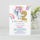 2e Rainbow Unicorn Verjaardag Uitnodigingen Glitte (Staand voorkant)