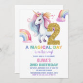 2e Rainbow Unicorn Verjaardag Uitnodigingen Glitte (Voorkant / Achterkant)