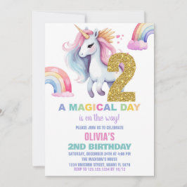2e Rainbow Unicorn Verjaardag Uitnodigingen Glitte