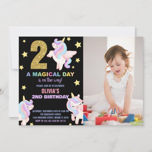 2e Rainbow Unicorn Verjaardag Uitnodigingen w foto (Voorkant)