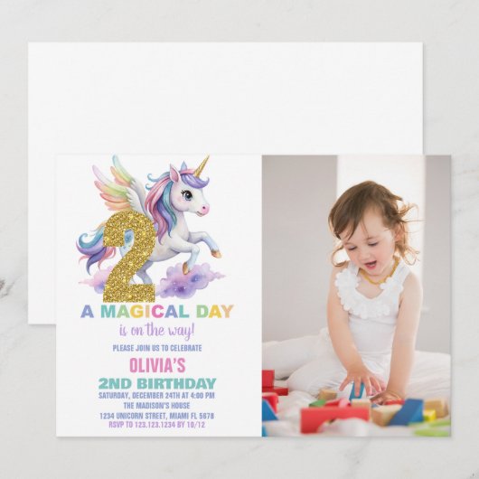 2e Rainbow Unicorn Verjaardag Uitnodigingen w foto (Voorkant / Achterkant)