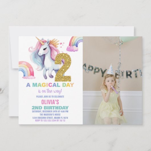 2e Rainbow Unicorn Verjaardag Uitnodigingen w foto (Voorkant)