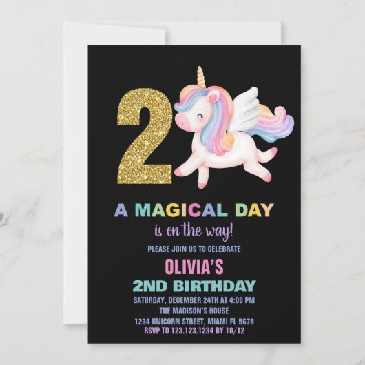 2e Rainbow Unicorn Verjaardag Uitnodigingen Zwart (Voorkant)