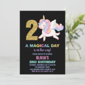 2e Rainbow Unicorn Verjaardag Uitnodigingen Zwart (Staand voorkant)