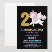 2e Rainbow Unicorn Verjaardag Uitnodigingen Zwart (Voorkant / Achterkant)