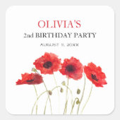 2e Tweede Verjaardag Party Poppies Baby Girl Vierkante Sticker (Voorkant)