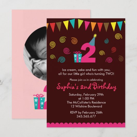 2e uitnodiging van het meisje van Birthday (Voorkant / Achterkant)