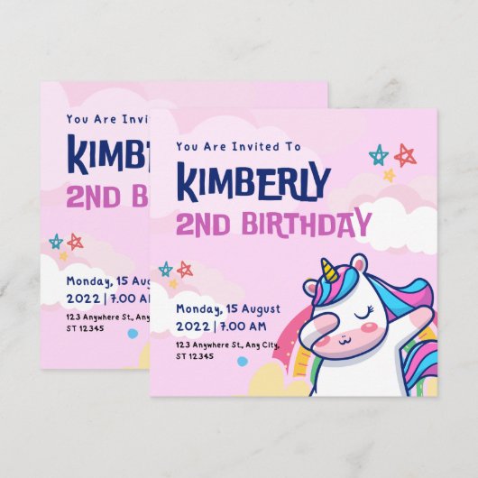 2e Unicorn Birthday Invitation Kaart (Voorkant / Achterkant)