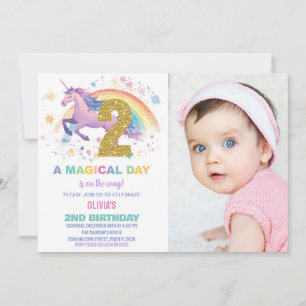 2e Unicorn Verjaardag Uitnodigingen met foto