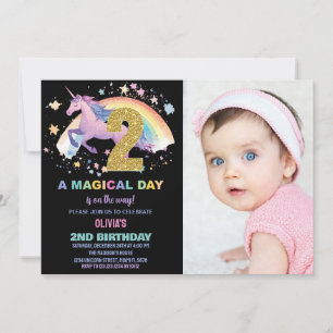 2e Unicorn Verjaardag Uitnodigingen met foto