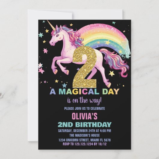 2e Unicorn Verjaardag Uitnodigingen Zwart (Voorkant)