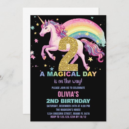 2e Unicorn Verjaardag Uitnodigingen Zwart (Voorkant / Achterkant)
