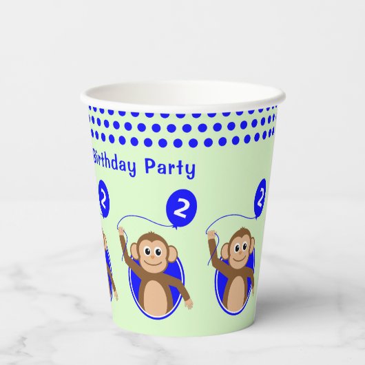 2e verjaardag aap blauwe ballon papieren bekers (Achterkant)