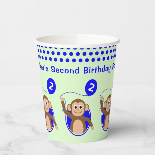 2e verjaardag aap blauwe ballon papieren bekers (Links)