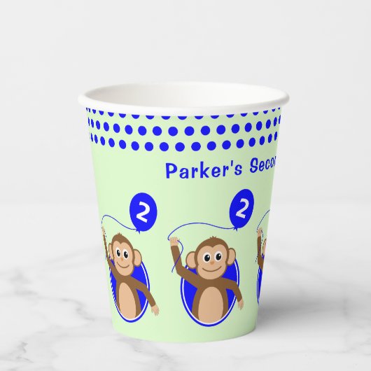 2e verjaardag aap blauwe ballon papieren bekers (Voorkant)