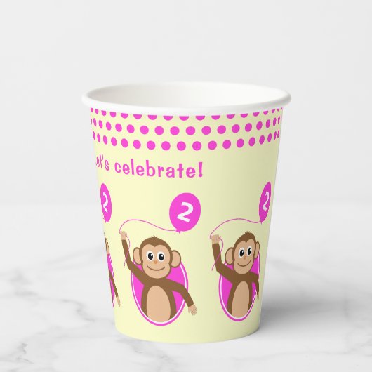 2e verjaardag aap roze ballon papieren bekers (Achterkant)