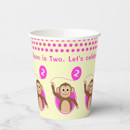 2e verjaardag aap roze ballon papieren bekers (Links)