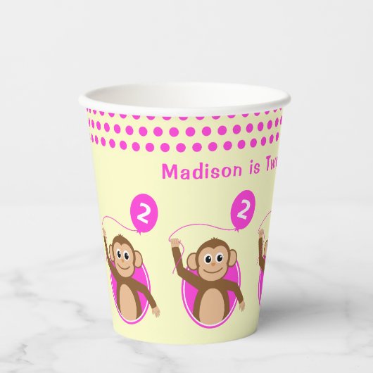 2e verjaardag aap roze ballon papieren bekers (Voorkant)