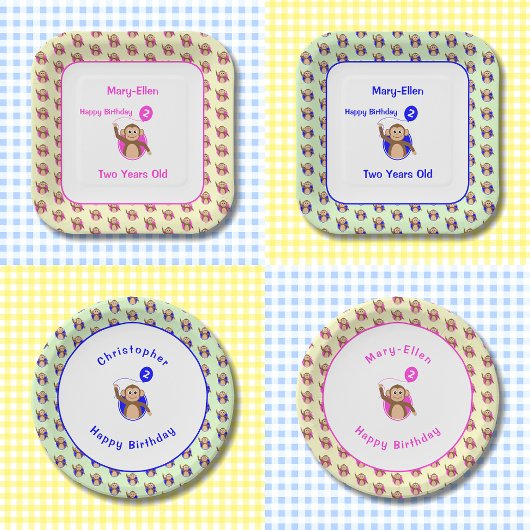 2e verjaardag aap roze crème patroon papieren bordje