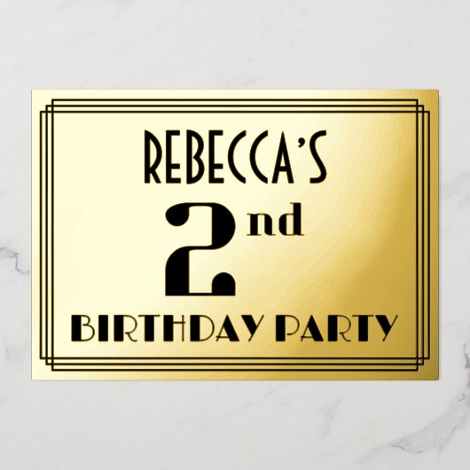 2e verjaardag: Art Deco Kijk "2" en naam Folie Uitnodiging (Voorkant)