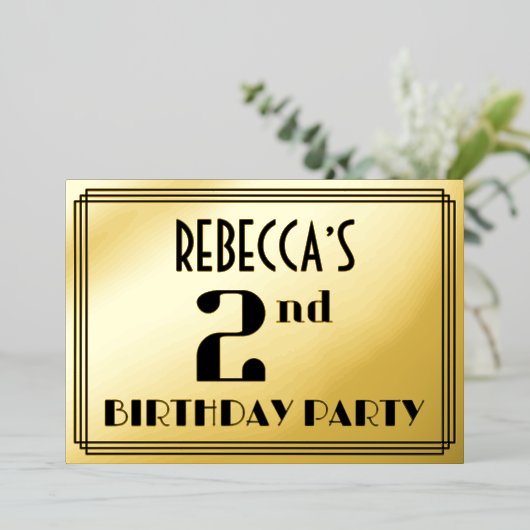 2e verjaardag: Art Deco Kijk "2" en naam Folie Uitnodiging (Staand Voorkant)