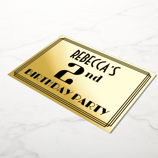 2e verjaardag: Art Deco Kijk "2" en naam Folie Uitnodiging (Gedraaid)