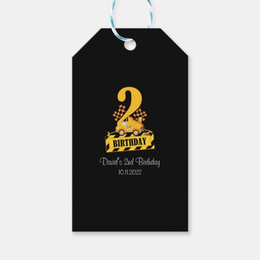 2e verjaardag: Black and Yellow Construction Truck Cadeaulabel (Voorkant)
