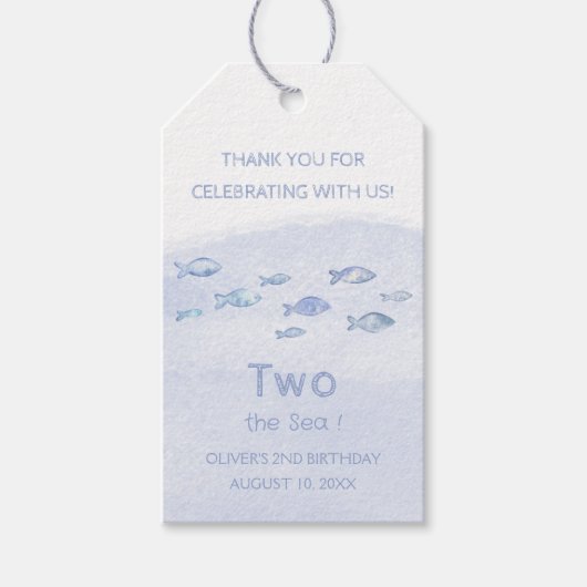 2e verjaardag blauw zee vis schattig geïllustreerd cadeaulabel (Voorkant)