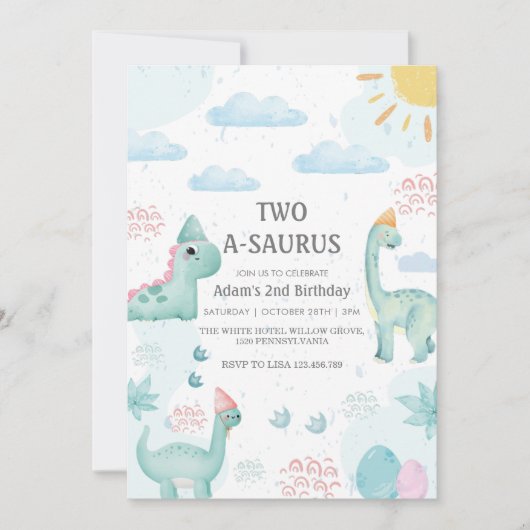 2e Verjaardag Blauwe Waterverf Dinosaurussen Feest Kaart (Voorkant)