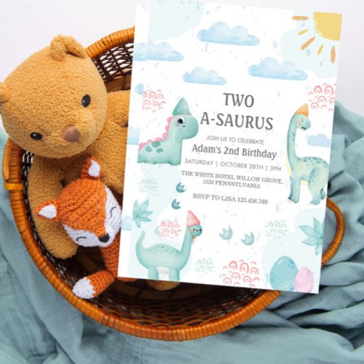 2e Verjaardag Blauwe Waterverf Dinosaurussen Feest Kaart