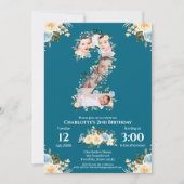 2e verjaardag Blauwgroen bloem Foto Collage Blauw  Kaart (Voorkant)