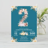 2e verjaardag Blauwgroen bloem Foto Collage Blauw  Kaart (Staand voorkant)