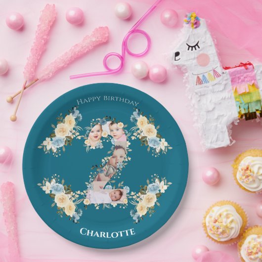 2e verjaardag Blauwgroen foto Collage Blue Yellow  Papieren Bordje (Feest)