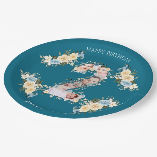 2e verjaardag Blauwgroen foto Collage Blue Yellow  Papieren Bordje (Gekanteld)