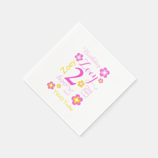 2e verjaardag bloem genaamd grafisch geel roze servet (Hoek)