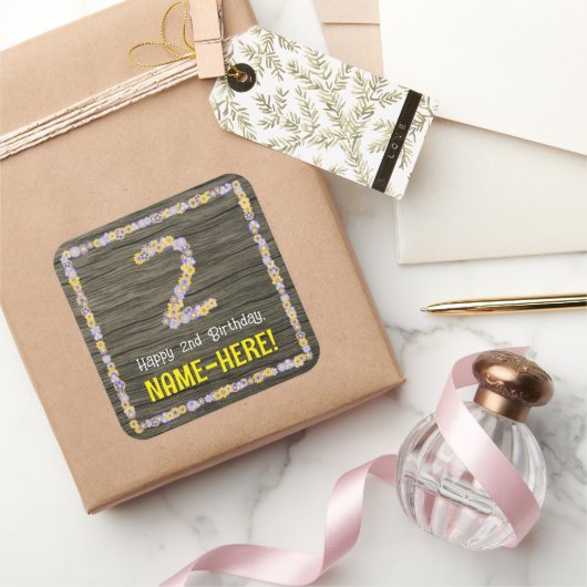2e verjaardag: Bloemennummer, Faux Wood Look, Naam Vierkante Sticker (Geschenken)