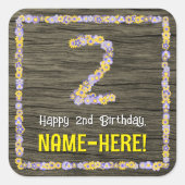 2e verjaardag: Bloemennummer, Faux Wood Look, Naam Vierkante Sticker (Voorkant)