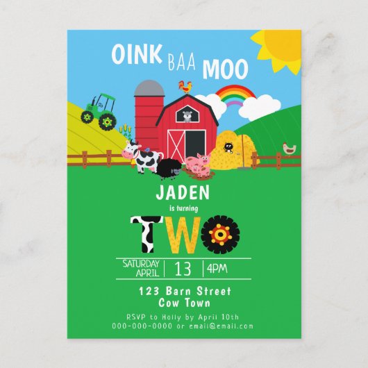 2e verjaardag Boerderij Barn Animals Oink Baa Moo  Uitnodiging Briefkaart (Voorkant)