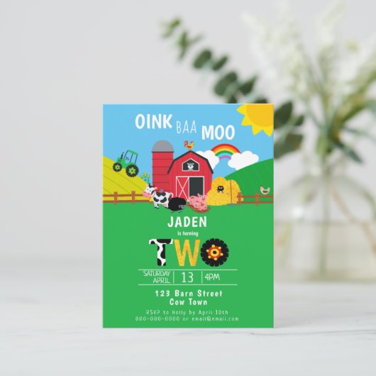 2e verjaardag Boerderij Barn Animals Oink Baa Moo Uitnodiging Briefkaart (Staand voorkant)