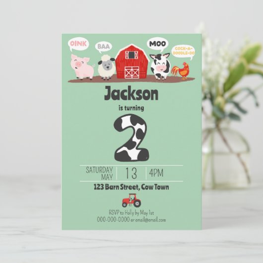 2e Verjaardag Boerderij Dieren Oink Baa Moo Kinder Kaart (Staand voorkant)