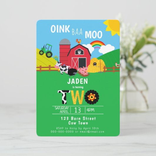 2e Verjaardag Boerderij Schuur Dieren Oink Baa Moo Kaart (Staand voorkant)
