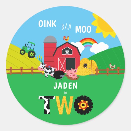 2e Verjaardag Boerderij Schuur Dieren Oink Baa Moo Ronde Sticker (Voorkant)
