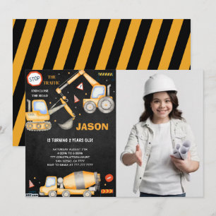 2e verjaardag bouw jongen foto uitnodiging