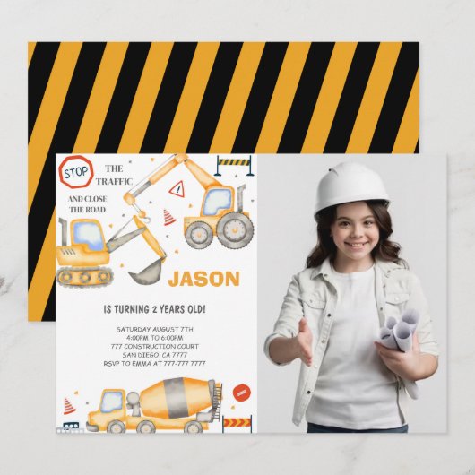 2e verjaardag bouw jongen foto uitnodiging (Voorkant / Achterkant)