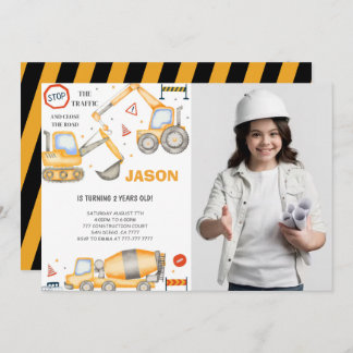 2e verjaardag bouw jongen foto uitnodiging