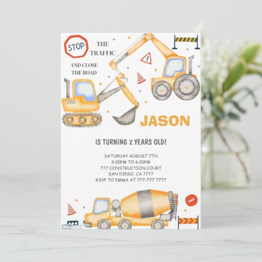 2e verjaardag bouw jongen uitnodiging (Staand voorkant)