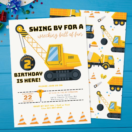 2e verjaardag bouwkraan uitnodiging