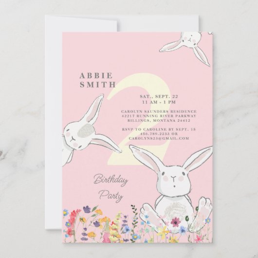 2e verjaardag Bunnies & wilde bloemen Roze en Geel Kaart (Voorkant)