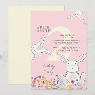 2e verjaardag Bunnies & wilde bloemen Roze en Geel Kaart